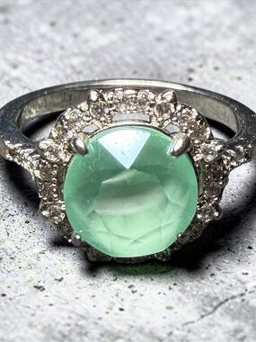 Mint Green Gem Stone Halo Sterling silver Ring - size 7